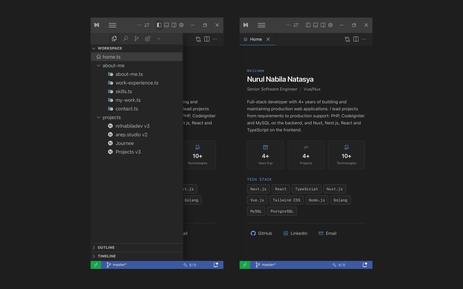 The portfolio on two phones: the explorer drawer open, and the home screen