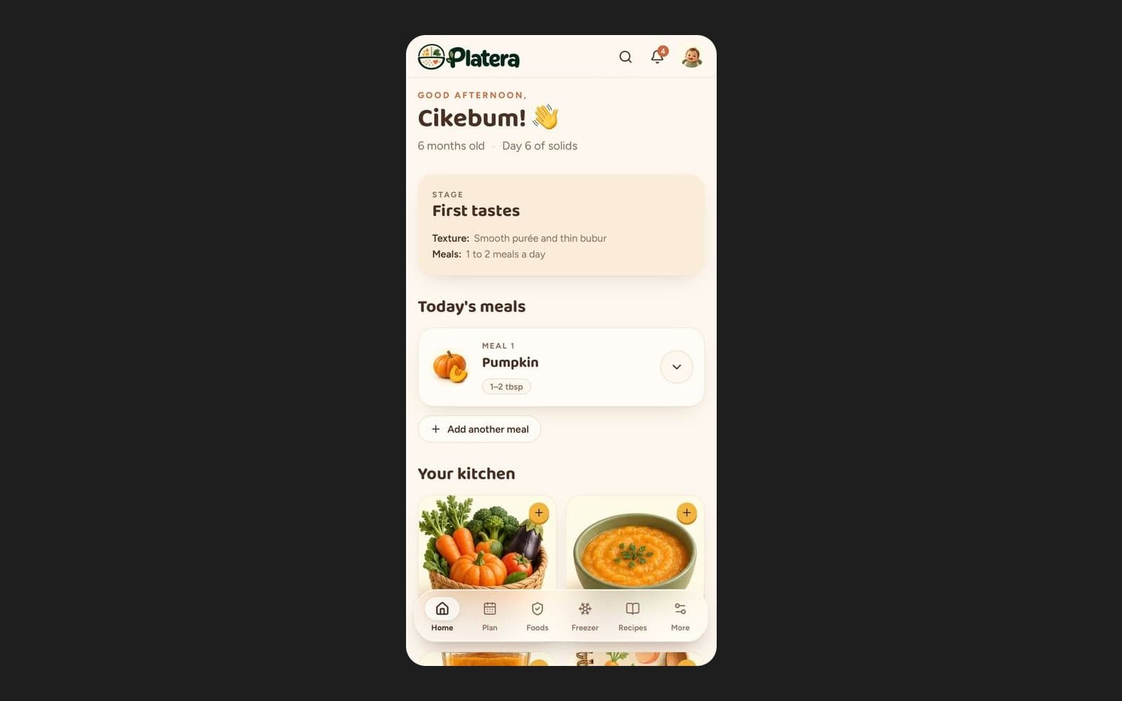 Platera home on a phone: the baby's stage card and today's meals