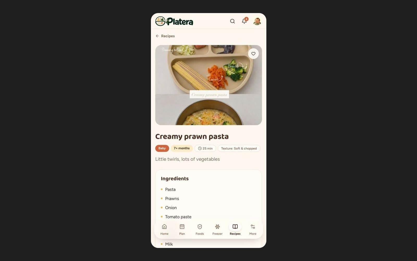 A baby recipe with its photo, age, cooking time, texture and ingredients